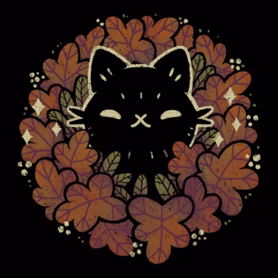 Cute Black Cat in Autumn Leaves Wreath