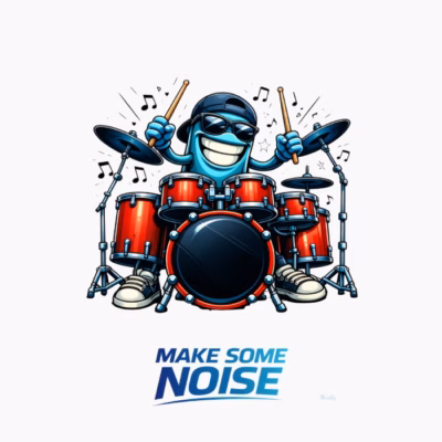 Personaje azul tocando la batería Humor musical ilustrado